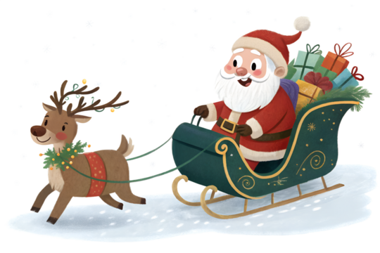 Happy Santa Claus in Sleigh Pulled by Reindeer with Gifts - Christmas Illustration