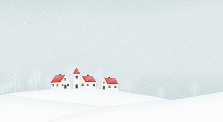 Winter landscape with houses and snow, isolated on white background