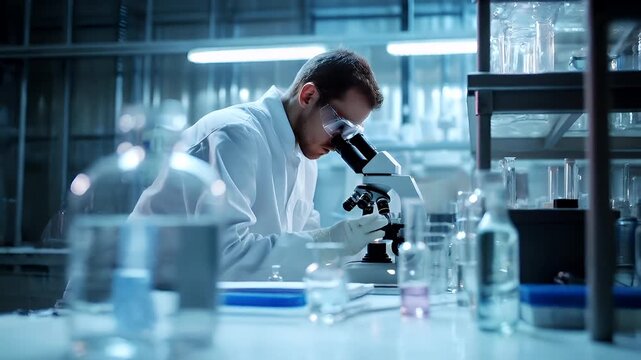 A man in a white lab coat is intently focused on something under a microscope in a laboratory setting.