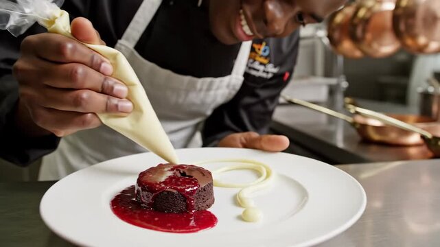 Chef decorating dessert plate with whipped cream food photography