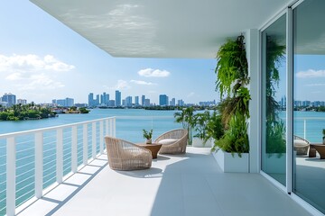 Naklejka premium Modern high rise balcony overlooking a vibrant city skyline and serene bay waters