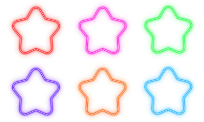 Stars square outline neon light frame, set of colorful shaped object elements isolated on white background