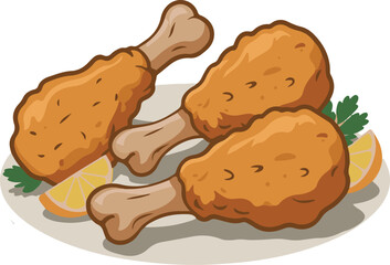 Three golden brown fried chicken drumsticks with lemon slices and parsley food meal vector illustration EPS file download.
