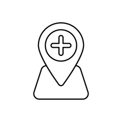 A black outline depicts a medical marker combining a teardropshaped pin with a plus sign placed above a maplike base