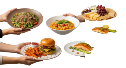 Multiple diverse adult hands delicately hold various dinnerware with gourmet dishes against a transparent studio background, concept of sophisticated culinary presentation