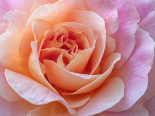 Detailed Close-up of a Vibrant Rose with Soft, Curling Petals in Hues of Peach, Pink, and Cream, Creating a Captivating and Delicate Floral Display