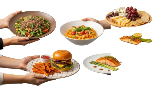 Multiple diverse adult hands delicately hold various dinnerware with gourmet dishes against a transparent studio background, concept of sophisticated culinary presentation