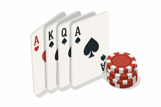 poker hand featuring playing cards Ace of Hearts, King, Queen, Ace of Spades and a stack of red casino chips, gambling and casino games. Isometric Generative ai vector colorful illustration.
