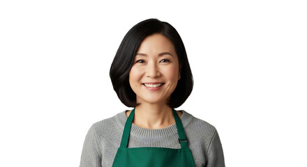 Smiling East Asian florist, 45-50, in a green apron and warm sweater, specializing in winter holiday centerpieces, ideal for Christmas promotions, seasonal marketing, or small business features.