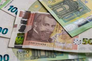 Bulgarian Leva and Euro Banknotes Scattered Full Frame Background