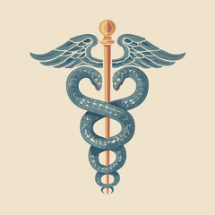 A Caduceus symbol with snakes and wings against a beige background