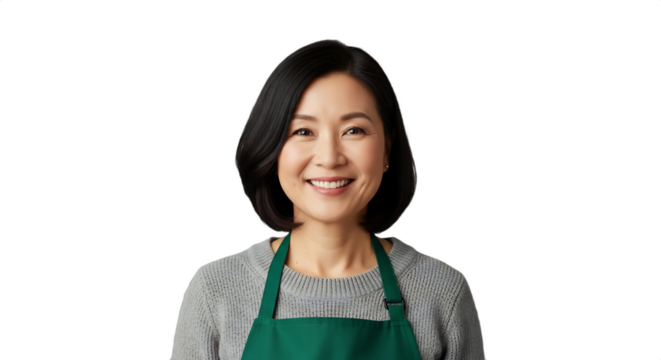 Smiling East Asian florist, 45-50, in a green apron and warm sweater, specializing in winter holiday centerpieces, ideal for Christmas promotions, seasonal marketing, or small business features.