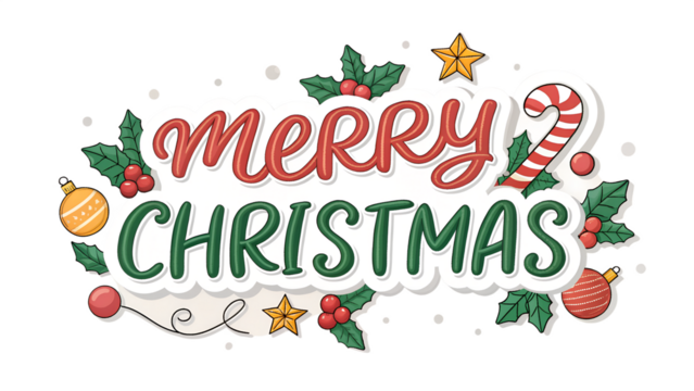 Merry Christmas Festive Typography with Holly, Star, and Candy Cane Decorations