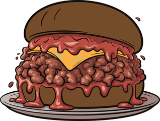 Sloppy Joe sandwich overflowing with meat and cheese on plate burger vector illustration EPS file download.
