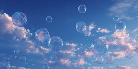 Soap bubbles float across a bright blue sky with scattered clouds.