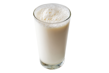 Tall glass of creamy milkshake with foam on top isolated on transparent background. Refreshing cold milkshake with creamy texture and frothy top isolated on white background.