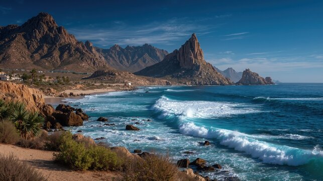 Mountain landscape with ocean, rugged cliffs and turquoise sea waves under clear blue sky