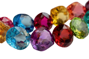 Collection of faceted colorful gemstones isolated on transparent background. Vibrant faceted gemstones assorted colors sparkling crystals isolated on white background.