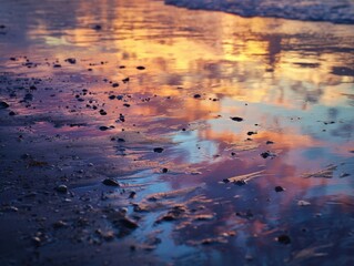 Close-up of beach sand at sunset, ocean waves reflecting colorful sky with small pebbles and ripples, vibrant golden and purple hues on wet ground