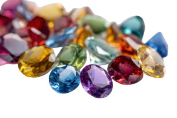 Collection of faceted colorful gemstones isolated on transparent background. Vibrant faceted gemstones assorted colors sparkling crystals isolated on white background.