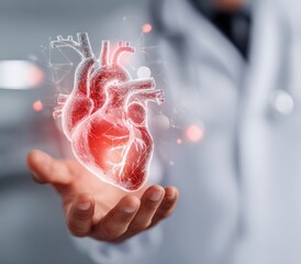 Doctor holding glowing holographic heart model over hand