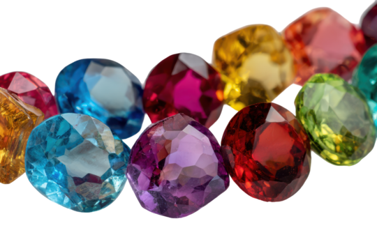 Collection of faceted colorful gemstones isolated on transparent background. Vibrant faceted gemstones assorted colors sparkling crystals isolated on white background.