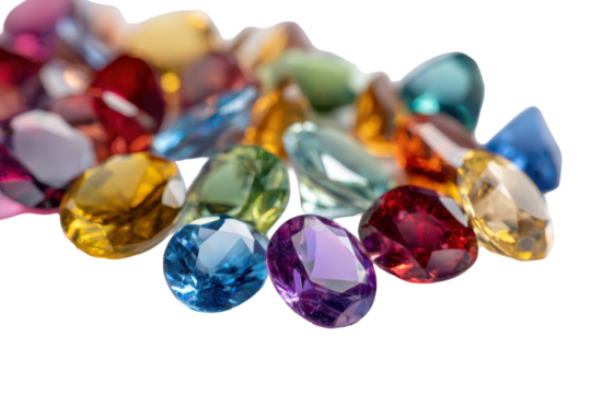 Collection of faceted colorful gemstones isolated on transparent background. Vibrant faceted gemstones assorted colors sparkling crystals isolated on white background.