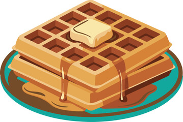 Stacked golden waffles with melting butter and dripping syrup on plate food breakfast vector illustration EPS file download.
