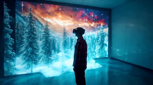 A vivid virtual reality scene featuring a person immersed in a virtual environment. The person is wearing a VR headset and a checkered shirt, standing against a backdrop of a serene.