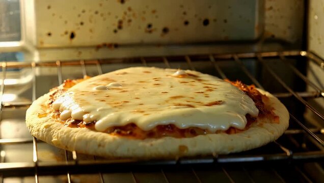Pizza in oven with melting cheese on golden crust baked on metal rack in warm indoor kitchen