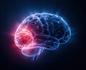 Illuminated brain scan shows glowing red tumor against dark background.