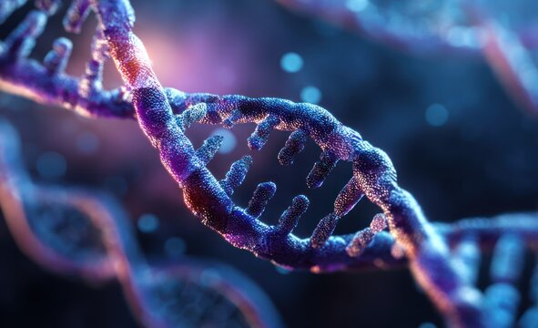 Illuminated microscopic view of a glowing blue and purple dna double helix structure.
