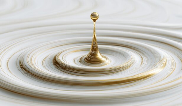 Gold liquid drop creates ripples in white fluid surface abstractly