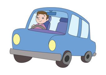 Happy boy driving his blue car