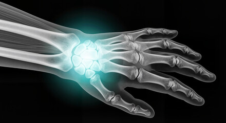 X-ray image of human hand with highlighted wrist joint  