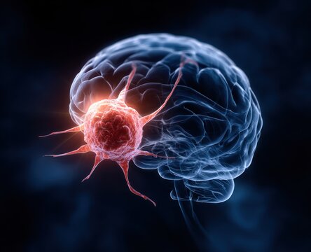 Glowing red cancer cell attacking translucent human brain illustration