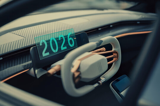 Modern luxury electric car cockpit with conceptual steering wheel and a digital holographic display showing the future year 2026. - Powered by Adobe