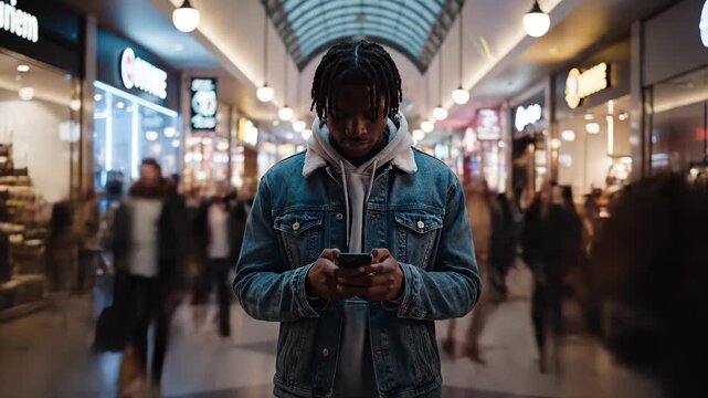 Man using smartphone and texting. Urban mall shopping with retail stores and moving crowd. Technology lifestyle shown while browsing and interacting with mobile device. For commercial stock use now.