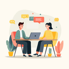 Fototapeta premium Two people having interview using laptop at the office table