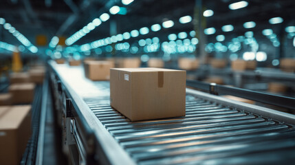 A cardboard box on a conveyor belt in an automated warehouse with many boxes and lights out of focus behind it