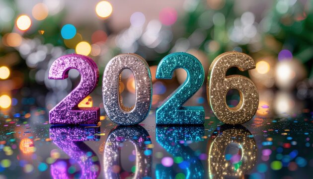 Celebrating new year 2026 festive event sparkling decorations indoor party close-up view holiday spirit