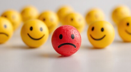 One sad red face among many happy yellow smiley faces.