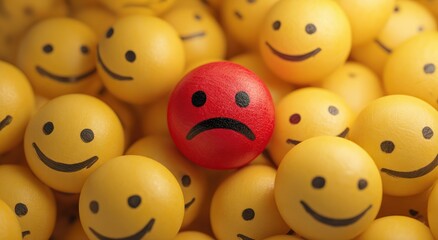 One sad red face among many happy yellow faces background.