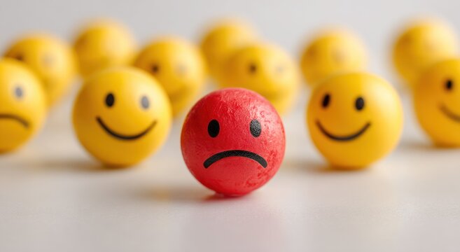 One sad red face among many happy yellow smiley faces.