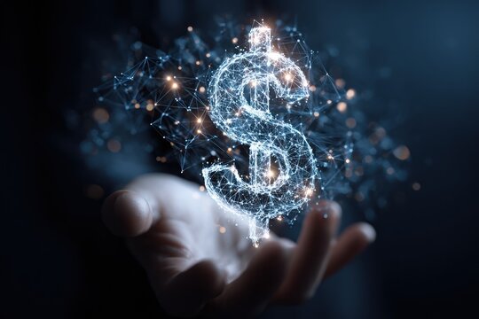 Glowing digital dollar symbol floats above an open human hand.