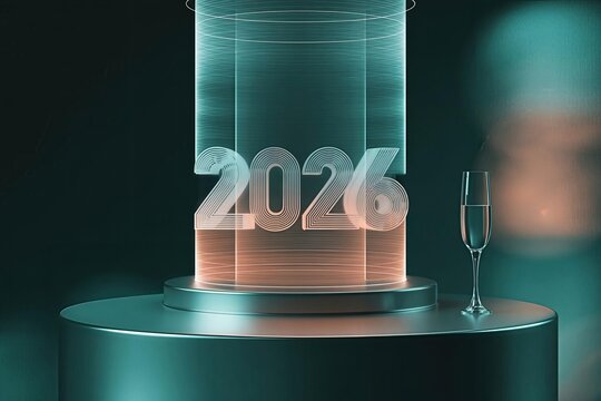 Futuristic 2026 New Year Celebration Concept with Neon Numbers on a Glowing Stage and a Champagne Glass, Symbolizing Future Success and Technological Anticipation.