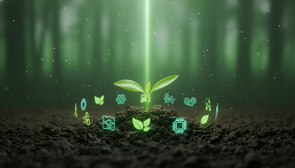 Sustainable Digital Growth: Green Plant, Tech Icons & Innovation Concept