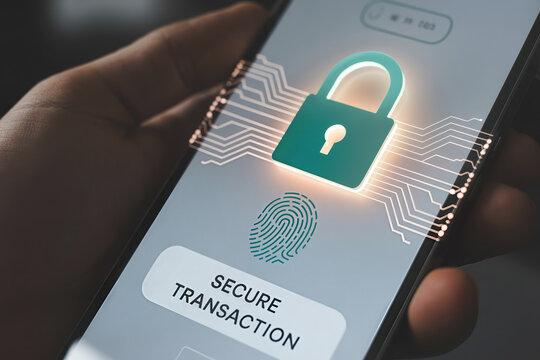 Secure Transaction Authentication on Smartphone Screen Featuring Digital Padlock and Biometric Fingerprint Scan for Mobile Banking and Data Protection.