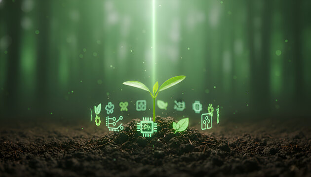 Green Sprout Illuminated by Light with Digital Ecology & Technology Icons