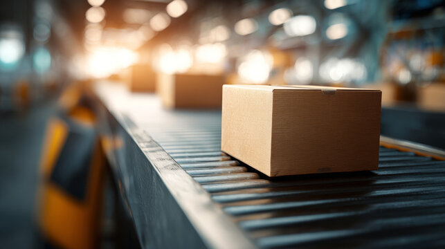 A cardboard box is on a conveyor belt in what appears to be an industrial warehouse setting with other boxes and lights out of focus behind it